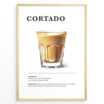 Indlæs billede til gallerivisning Illustrated Cortado recipe poster with a glass of espresso mixed with steamed milk.
