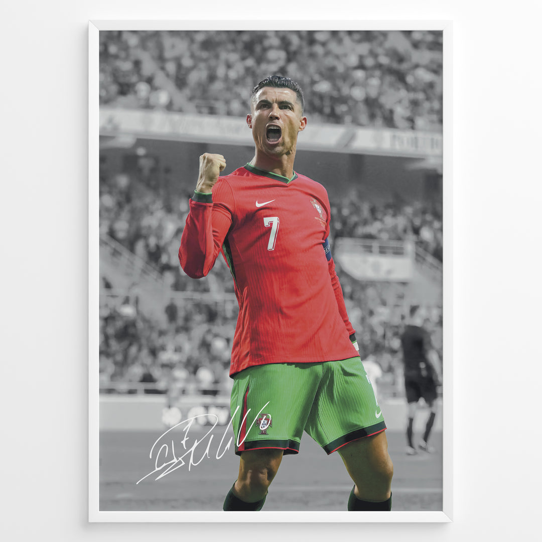 Cristiano Ronaldo celebrating in Portugal red and green jersey framed plakat