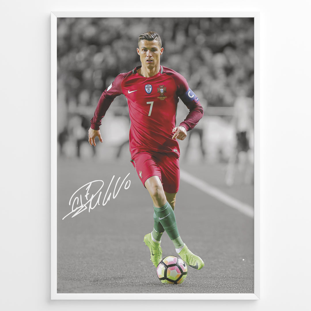 Cristiano Ronaldo dribbling in Portugal red jersey framed plakat