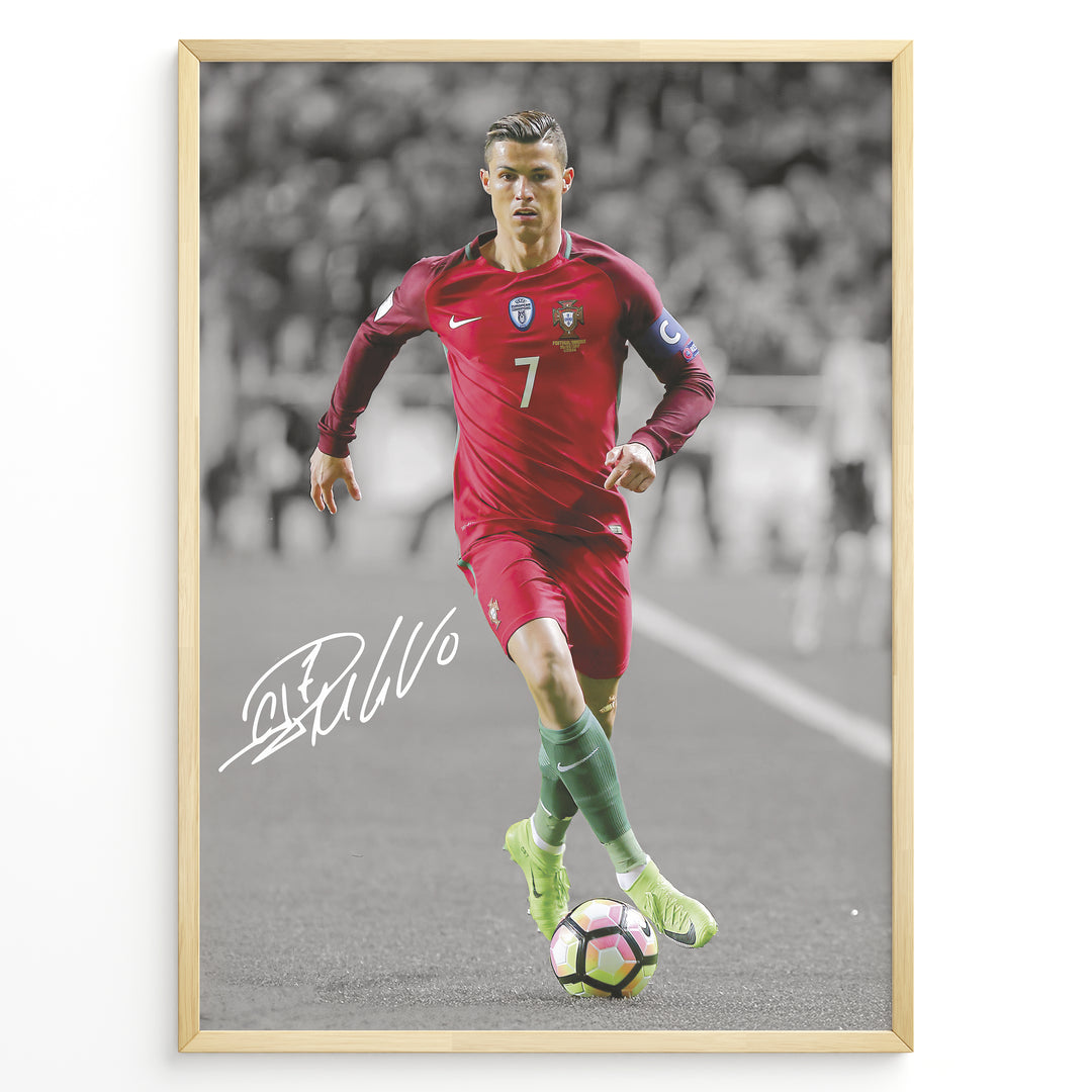 Cristiano Ronaldo dribbling in Portugal red jersey framed plakat