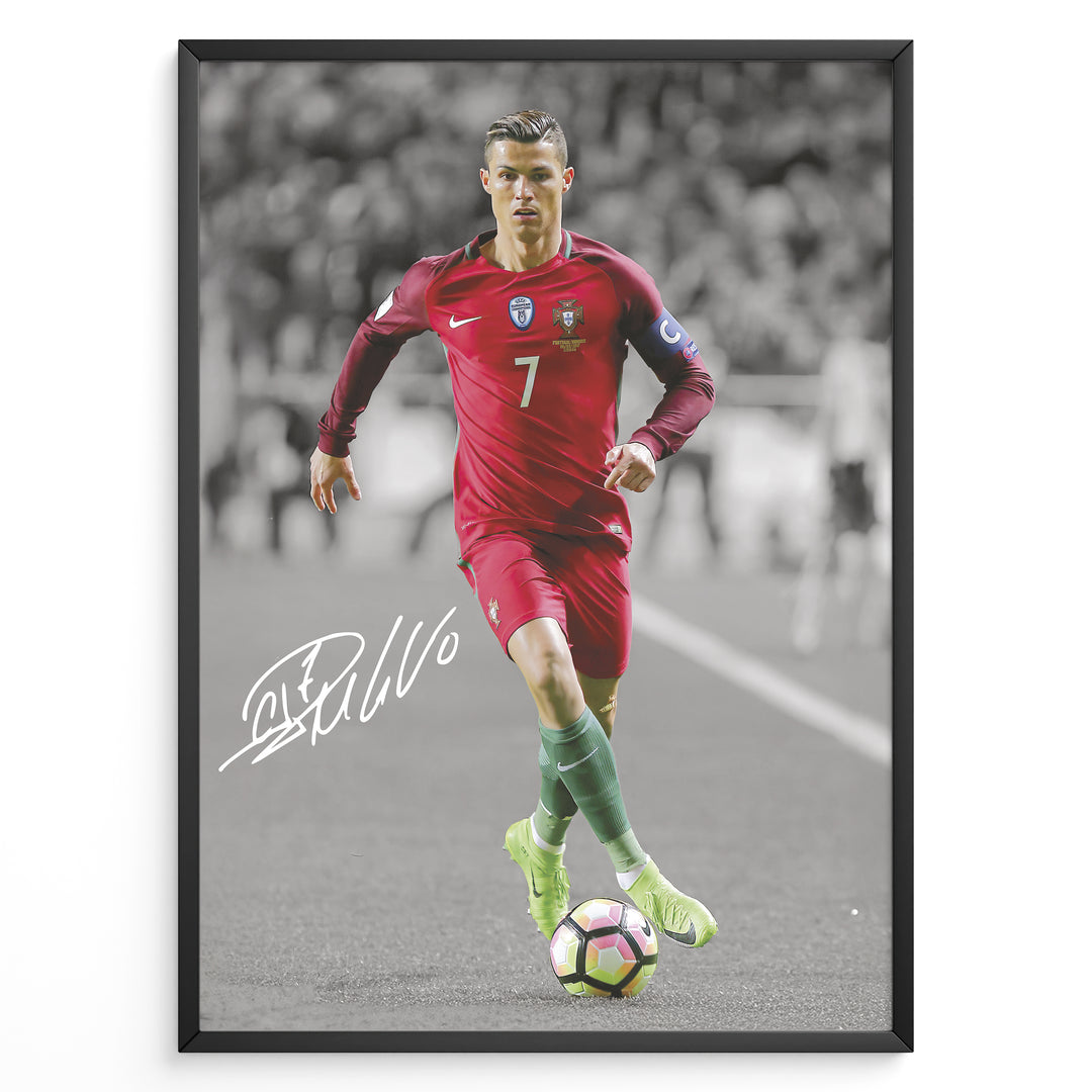 Cristiano Ronaldo dribbling in Portugal red jersey framed plakat