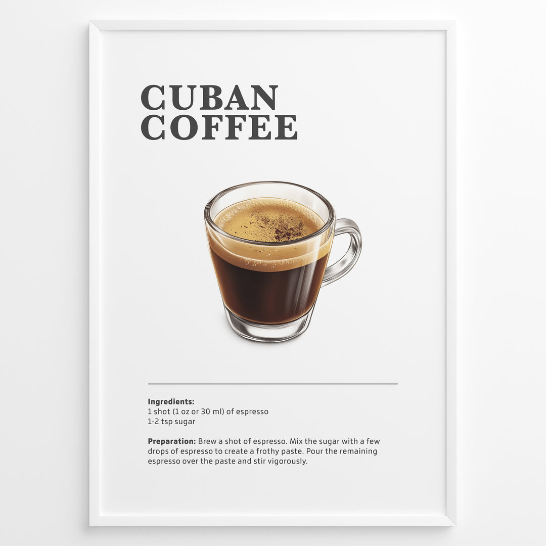 Illustrated Cuban Coffee recipe poster with a glass of sweet espresso.