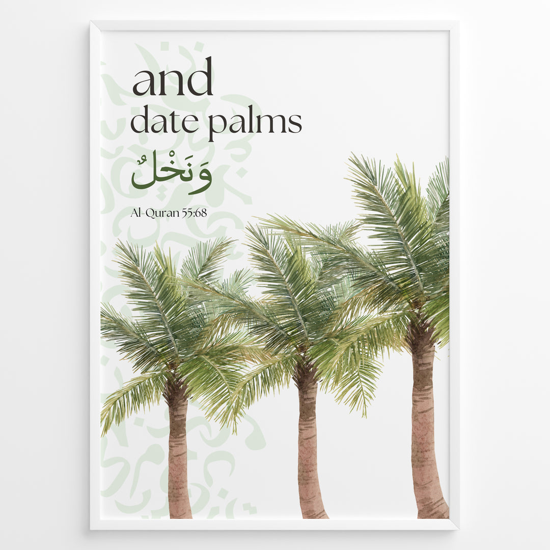 Dadelpalmer plakat med botanisk illustration og engelsk samt arabisk typografi inspireret af Koranens frugter