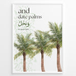 Indlæs billede til gallerivisning Dadelpalmer plakat med botanisk illustration og engelsk samt arabisk typografi inspireret af Koranens frugter
