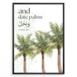Indlæs billede til gallerivisning Dadelpalmer plakat med botanisk illustration og engelsk samt arabisk typografi inspireret af Koranens frugter
