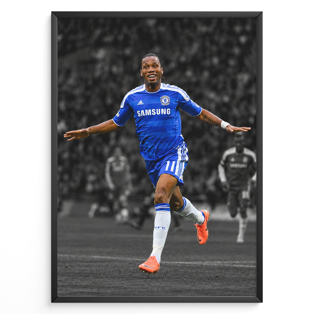Didier Drogba plakat fra Chelsea med ikonisk fejring. En stilfuld Chelsea fodboldplakat til væggen og den perfekte gave til fodboldfans.