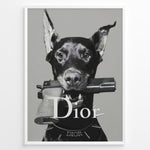 Indlæs billede til gallerivisning Fashion Plakat | Dior Guard Dog Poster – Bold Fashion Statement Wall Art Plakaty.dk | Black and white image of a Doberman dog holding a handgun in its mouth, wearing a Dior collar, with &quot;Dior&quot; text overlayed – a bold, edgy luxury fashion print.
