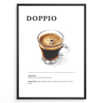Indlæs billede til gallerivisning Illustrated Doppio recipe poster with a clear glass of double espresso.
