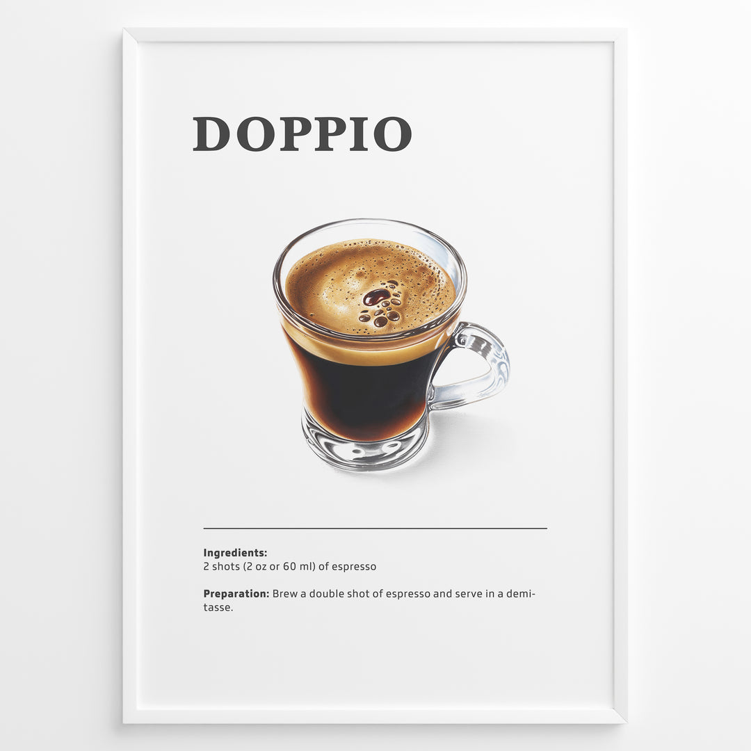 Illustrated Doppio recipe poster with a clear glass of double espresso.