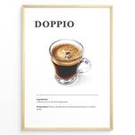 Indlæs billede til gallerivisning Illustrated Doppio recipe poster with a clear glass of double espresso.
