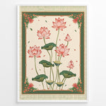 Indlæs billede til gallerivisning Plakater | Illustration of pink lotus flowers with green leaves framed by an ornate vintage border in green and cream colors.
