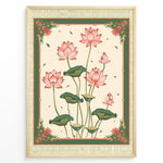 Indlæs billede til gallerivisning Plakater | Illustration of pink lotus flowers with green leaves framed by an ornate vintage border in green and cream colors.
