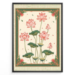 Indlæs billede til gallerivisning Plakater | Illustration of pink lotus flowers with green leaves framed by an ornate vintage border in green and cream colors.
