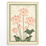 Indlæs billede til gallerivisning Plakater | Illustration of pink lotus flowers with green stems and leaves, framed by a decorative green floral border on a cream textured background.
