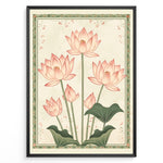 Indlæs billede til gallerivisning Plakater | Illustration of pink lotus flowers with green stems and leaves, framed by a decorative green floral border on a cream textured background.
