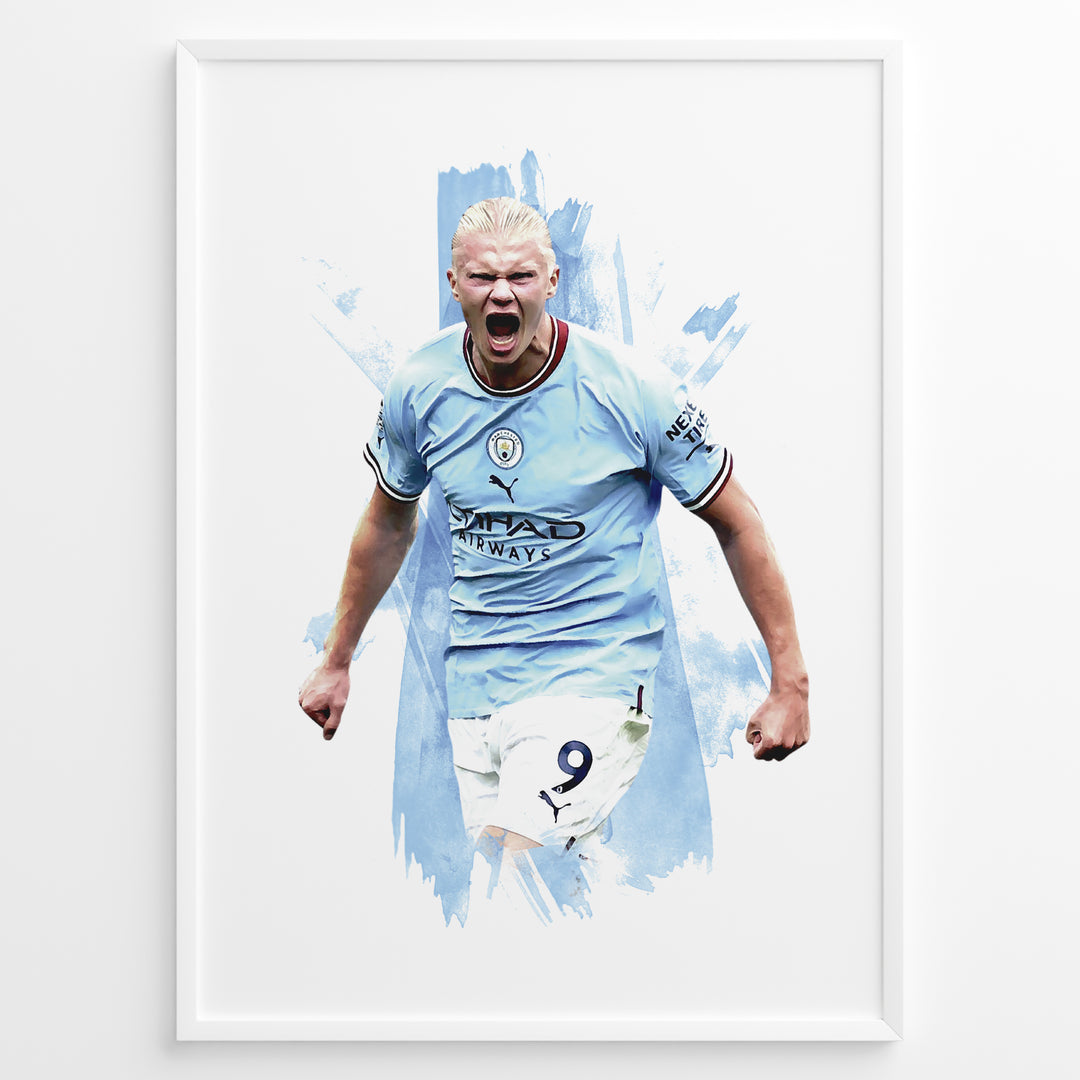 Erling Haaland celebrating in Manchester City light blue jersey artistic framed plakat
