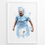 Indlæs billede til gallerivisning Erling Haaland celebrating in Manchester City light blue jersey artistic framed plakat
