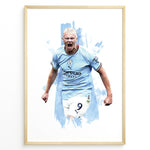 Indlæs billede til gallerivisning Erling Haaland celebrating in Manchester City light blue jersey artistic framed plakat
