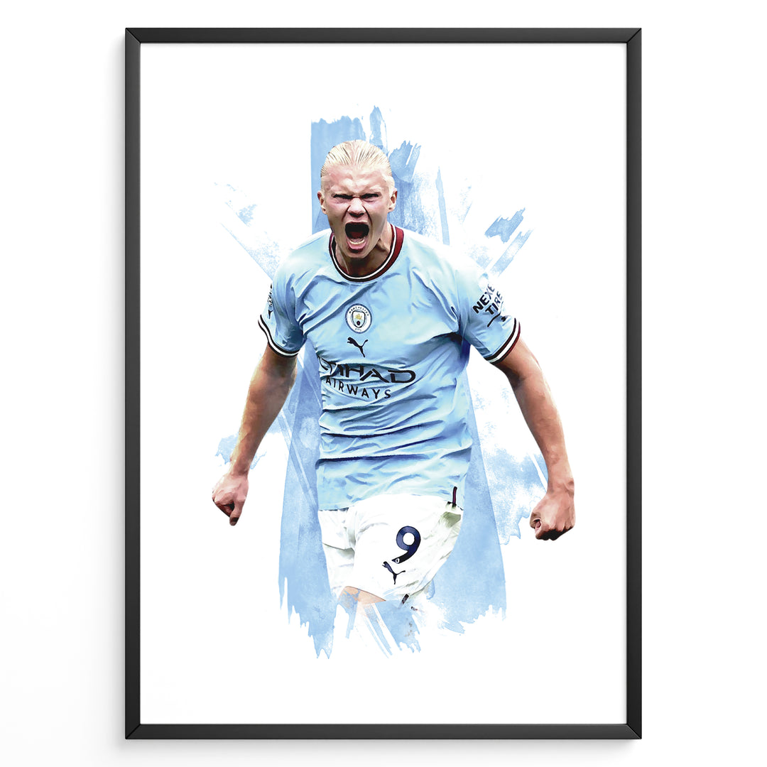Erling Haaland celebrating in Manchester City light blue jersey artistic framed plakat