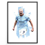 Indlæs billede til gallerivisning Erling Haaland celebrating in Manchester City light blue jersey artistic framed plakat
