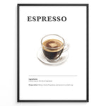 Indlæs billede til gallerivisning Espresso recipe poster with a glass cup of espresso on a white saucer.

