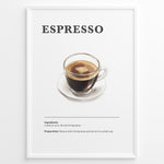 Indlæs billede til gallerivisning Espresso recipe poster with a glass cup of espresso on a white saucer.
