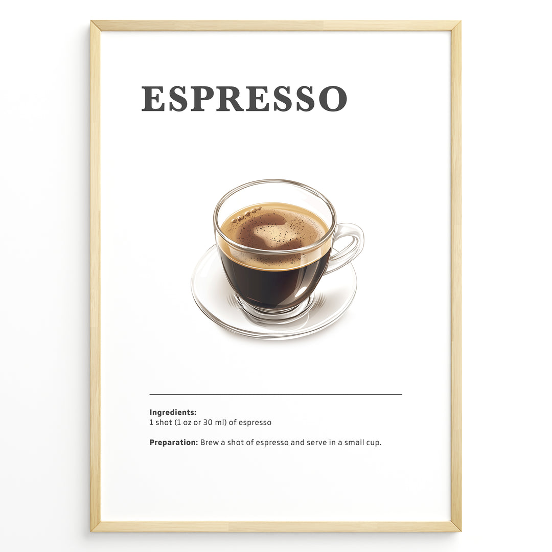 Espresso recipe poster with a glass cup of espresso on a white saucer.