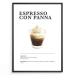 Indlæs billede til gallerivisning Illustrated Espresso Con Panna recipe poster with espresso topped with whipped cream in a clear cup.
