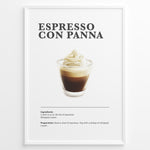 Indlæs billede til gallerivisning Illustrated Espresso Con Panna recipe poster with espresso topped with whipped cream in a clear cup.
