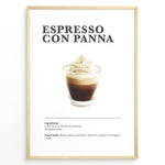 Indlæs billede til gallerivisning Illustrated Espresso Con Panna recipe poster with espresso topped with whipped cream in a clear cup.
