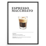 Indlæs billede til gallerivisning Minimalist Espresso Macchiato recipe poster with espresso and a small layer of steamed milk or foam in a clear glass.
