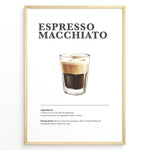Indlæs billede til gallerivisning Minimalist Espresso Macchiato recipe poster with espresso and a small layer of steamed milk or foam in a clear glass.
