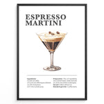 Indlæs billede til gallerivisning Espresso Martini recipe poster with illustrated martini glass topped with coffee beans and recipe details below.
