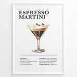Indlæs billede til gallerivisning Espresso Martini recipe poster with illustrated martini glass topped with coffee beans and recipe details below.
