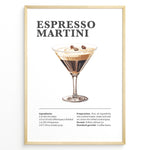 Indlæs billede til gallerivisning Espresso Martini recipe poster with illustrated martini glass topped with coffee beans and recipe details below.
