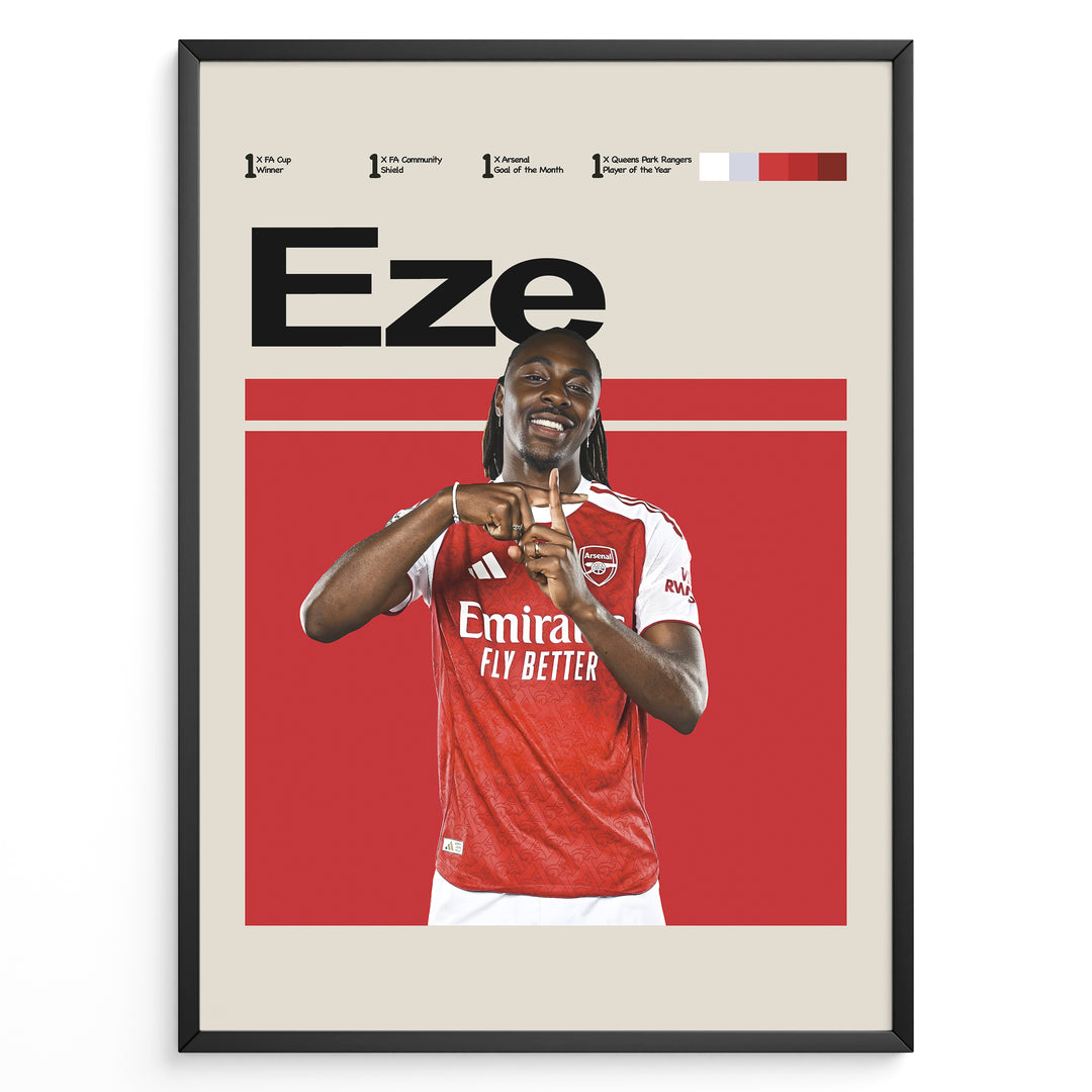Eberechi Eze fodbold plakat i Arsenal rød og hvid hjemmebanetrøje med stilrent og moderne design