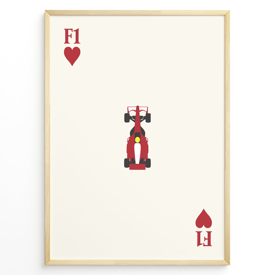 Minimalist F1 Hearts art print plakat showing a red Formula 1 car centered on a cream background with heart symbols in a playing card layout.