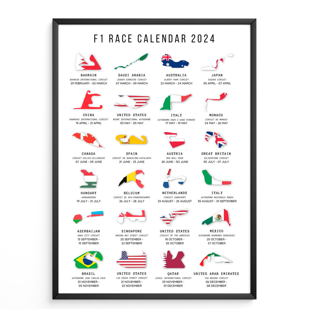 F1 Kalender Plakater 2024 | Unik Race Tracking Map Design