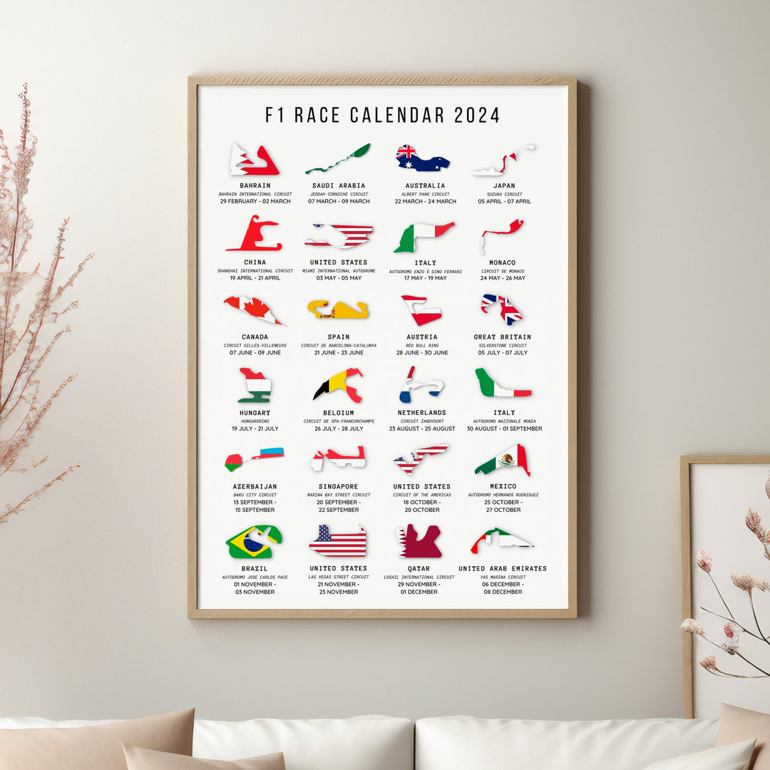 F1 Kalender Plakater 2024 | Unik Race Tracking Map Design