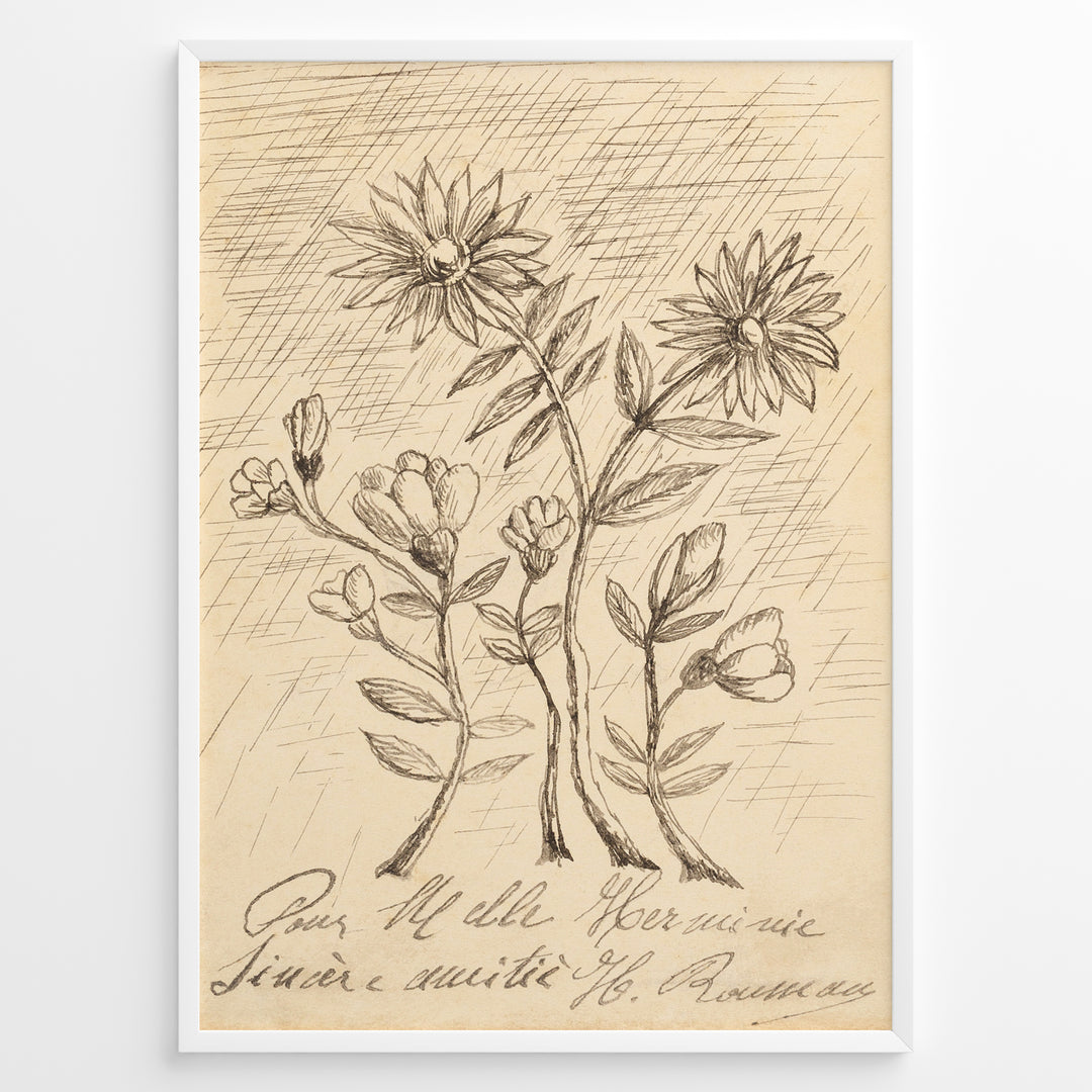 Framed vintage botanical sketch poster with hand-drawn flowers and cursive handwriting on an aged beige background.