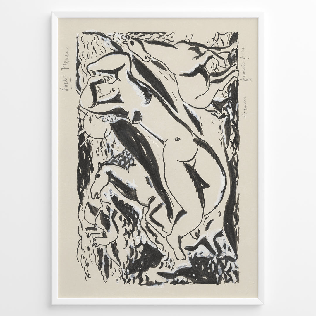Framed Henri Matisse-style abstract figures poster with black brush strokes depicting nude forms on a beige background.