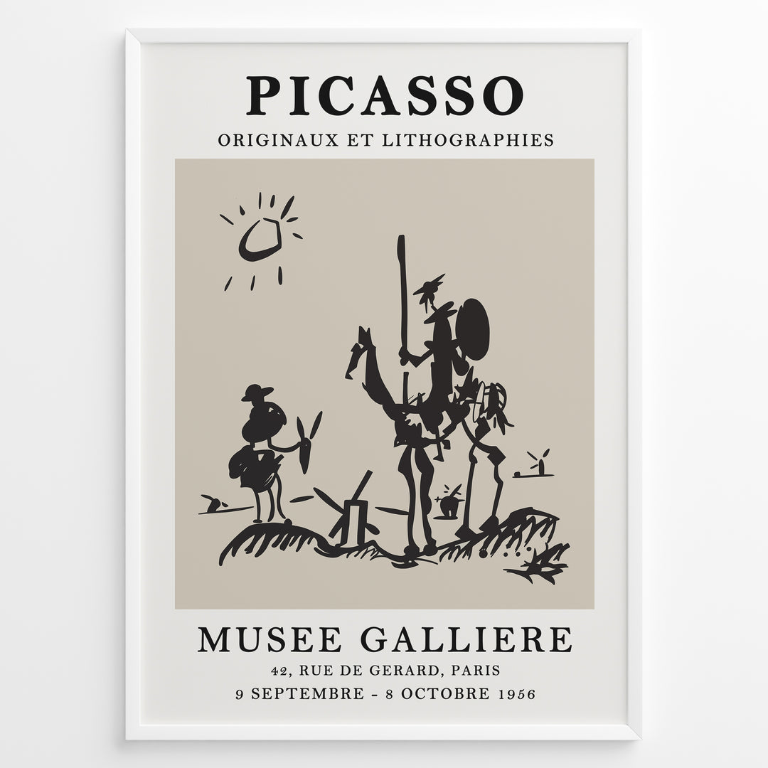 Framed Picasso Don Quixote art poster with minimalist black sketch of riders and windmills on a beige background.