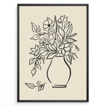 Indlæs billede til gallerivisning Framed minimalist floral line art poster with black outline of flowers in a vase on a beige background.
