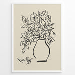 Indlæs billede til gallerivisning Framed minimalist floral line art poster with black outline of flowers in a vase on a beige background.

