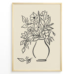 Indlæs billede til gallerivisning Framed minimalist floral line art poster with black outline of flowers in a vase on a beige background.
