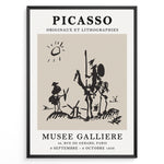 Indlæs billede til gallerivisning Vintage Picasso Don Quixote abstract line art poster from Musée Gallière exhibition in a black frame.
