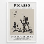 Indlæs billede til gallerivisning Vintage Picasso Don Quixote abstract line art poster from Musée Gallière exhibition in a black frame.
