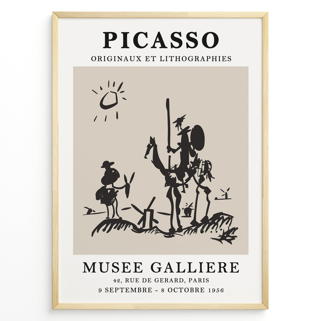 Vintage Picasso Don Quixote abstract line art poster from Musée Gallière exhibition in a black frame.