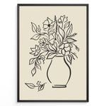 Indlæs billede til gallerivisning Minimalist black and white floral vase line art print plakat with botanical design in a black frame on beige background
