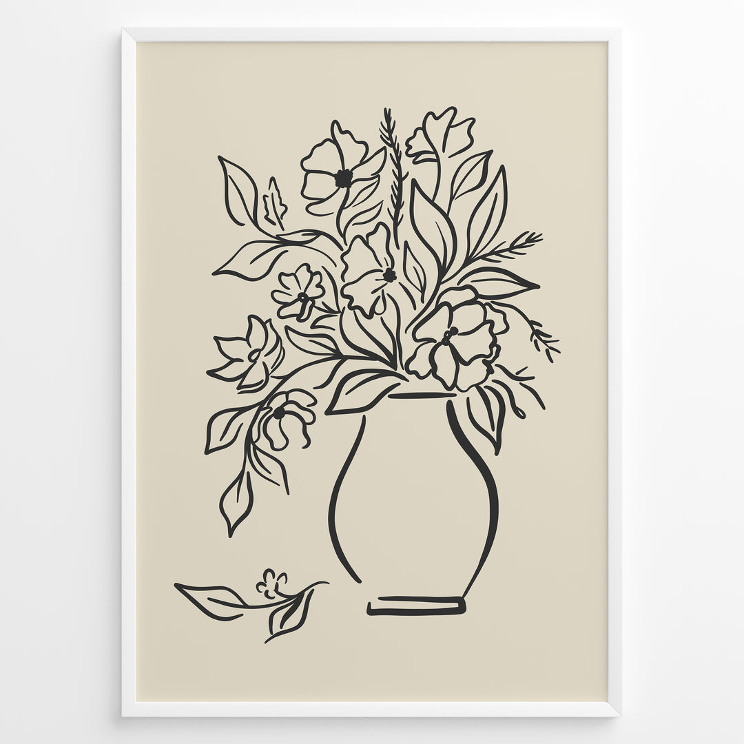 Minimalist black and white floral vase line art print plakat with botanical design in a black frame on beige background